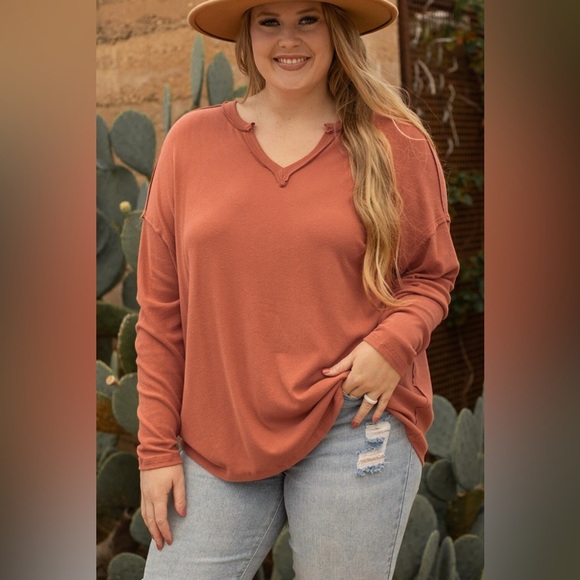 Plus Size Notched Long Sleeve T-Shirt - Picture 1 of 6